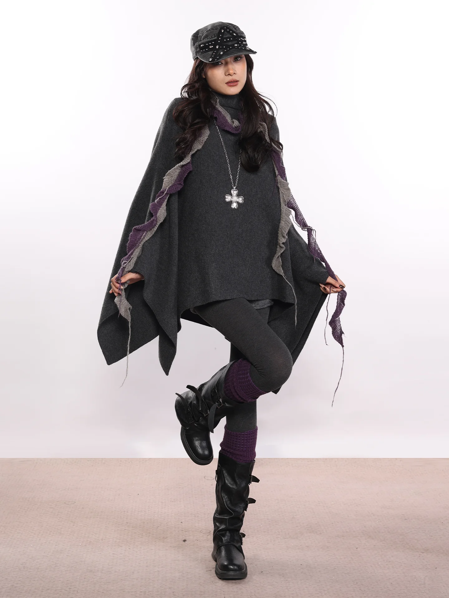 

Retro Asymmetric Stand Collar A-Line Knitted Woolen awl Women's Loose Winter Outerwear Comfortable Soft Polyester Blend