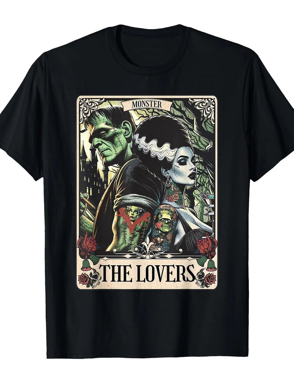 

Unisex Frankenstein Bride Card T-Shirt - Gothic Horror Graphic Tee with Monster
