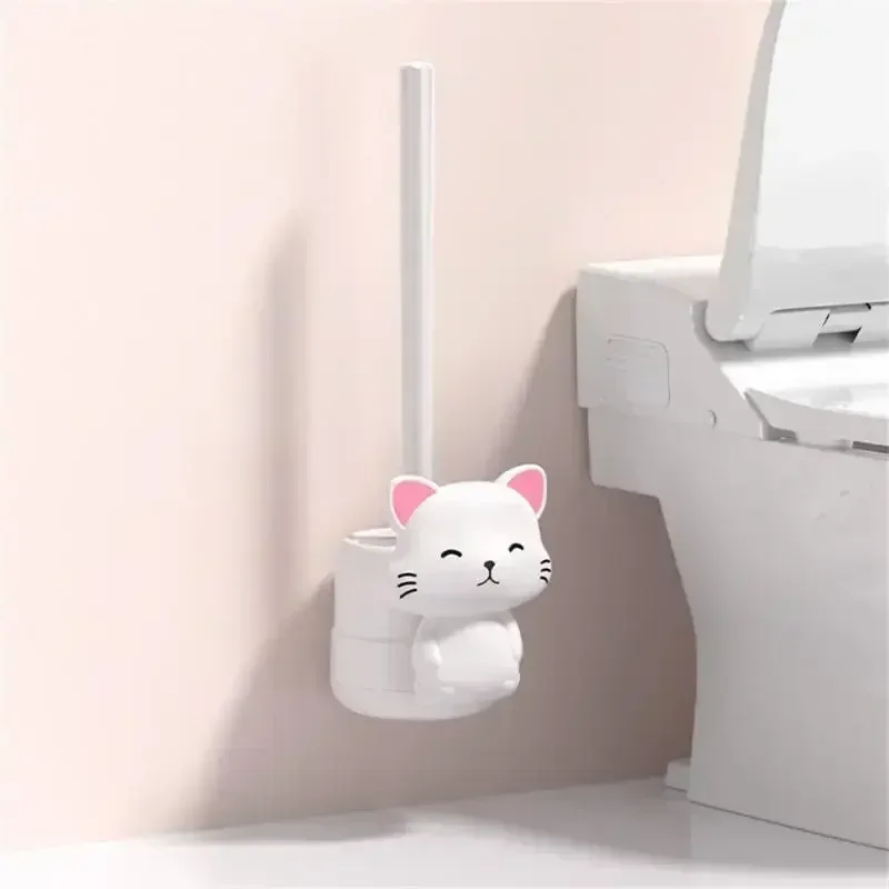 No Dead Angle Sanitary Brush Cute Cat Base Long Handle Squat Pit Cleaning Washing Toilet Artifact Toilet Brush Set Wall-mounted