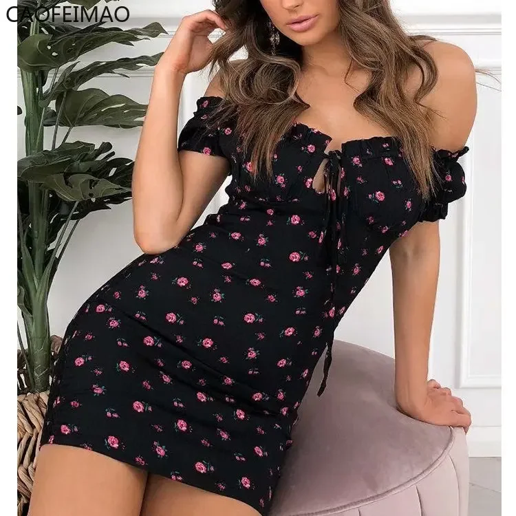 2025 verão feminino floral envoltório vestido fora do ombro amarrar frente plissado mini vestido senhora do escritório slash neck impresso lápis vestido