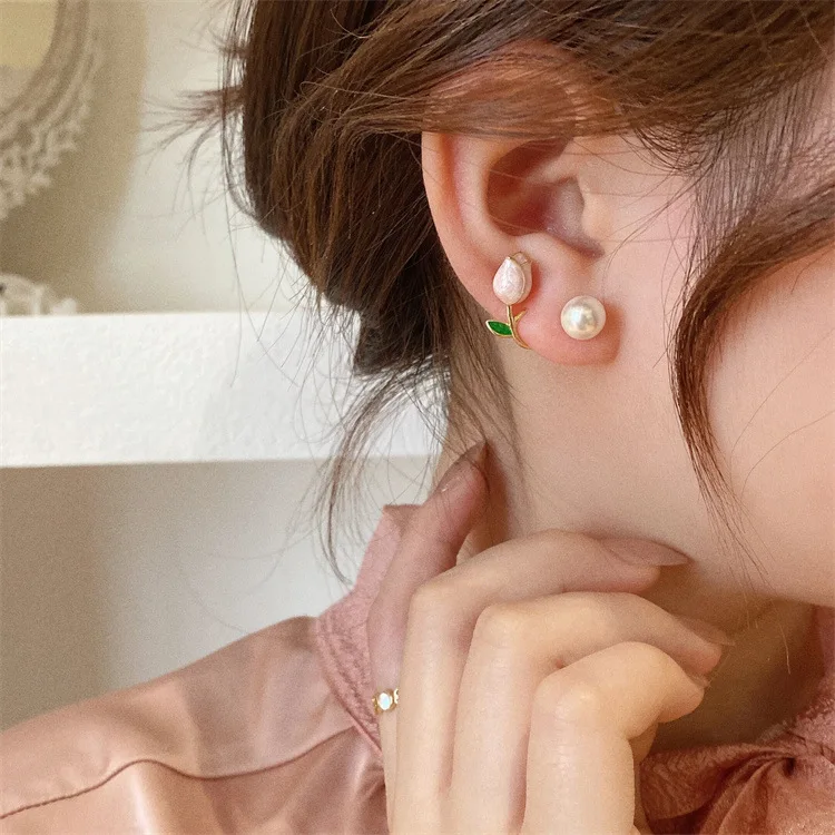 Sweet Fashion Enamel Pearl Tulip Flower Stud Earrings For Women Korean Temperament Zircon Back Hanging Earring Wedding Jewelry