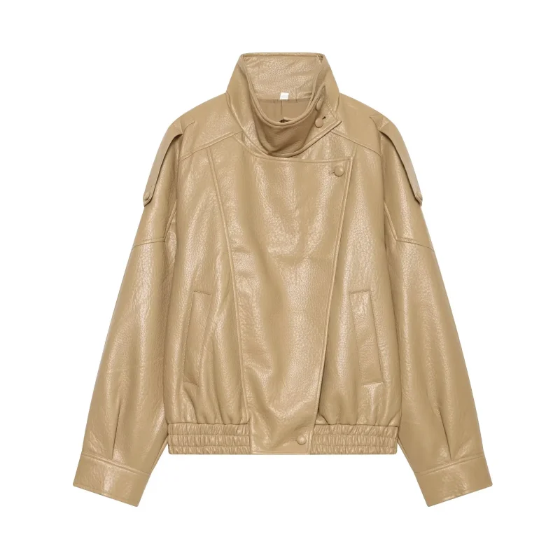 Women Faux Leather High Neck Long Sleeves Jacket Lady Autumn New Arrival Coat Solid Color Minimalist Coat Loose Fit