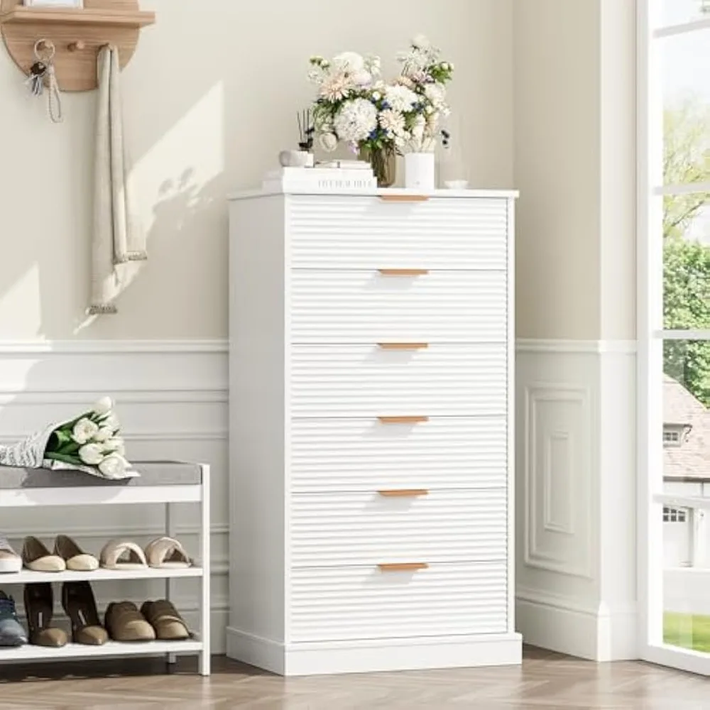 6 Drawer Dresser, Tall White Dresser with Large Storage Space, Modern Chest of Drawers with Handles, 6 Large Capacity Vertical D