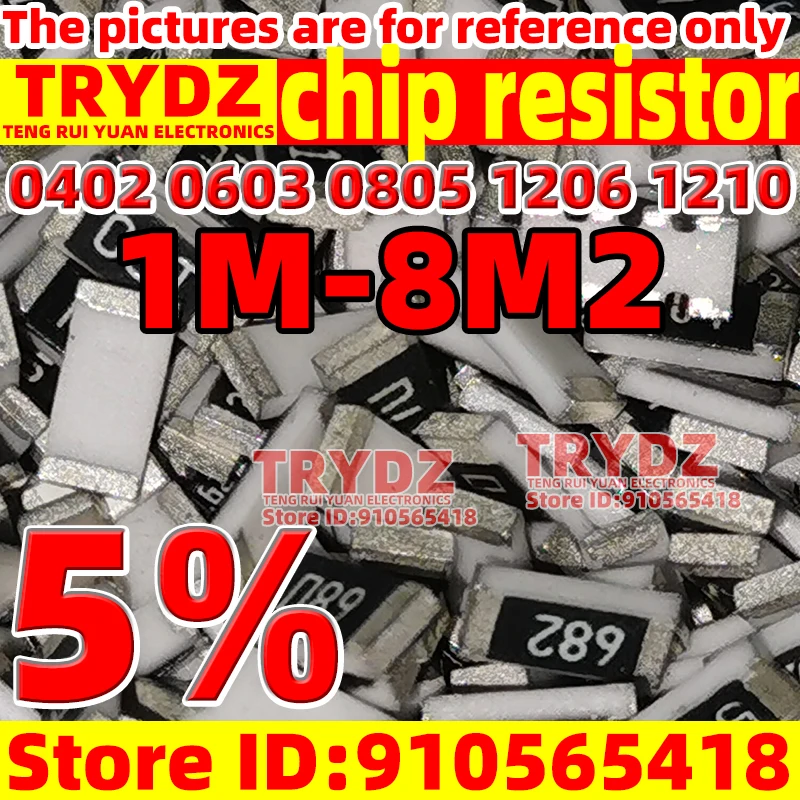 100 قطعة 5% رقاقة المقاوم 0402 0603 0805 1206 1210 1M 1M1 1M2 1M3 1M5 1M6 1M8 2M 2M2 2M4 2M7 3M 3M3 3M6 3M9 4M3 4M7 5M1 5M6