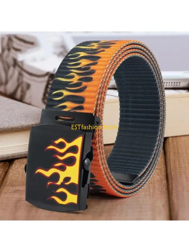Y5GC Plain Webbing Stretch with Flame Grain Buckle 130cm Adjustable Canvas Belt