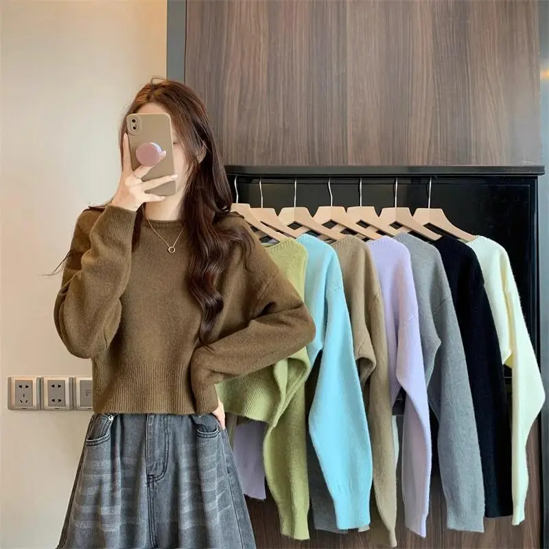 

Женская одежда, свитер, короткий стиль, осенняя верхняя одежда с длинными рукавами, трикотажные топы, корейская версия, модная удобная новинка