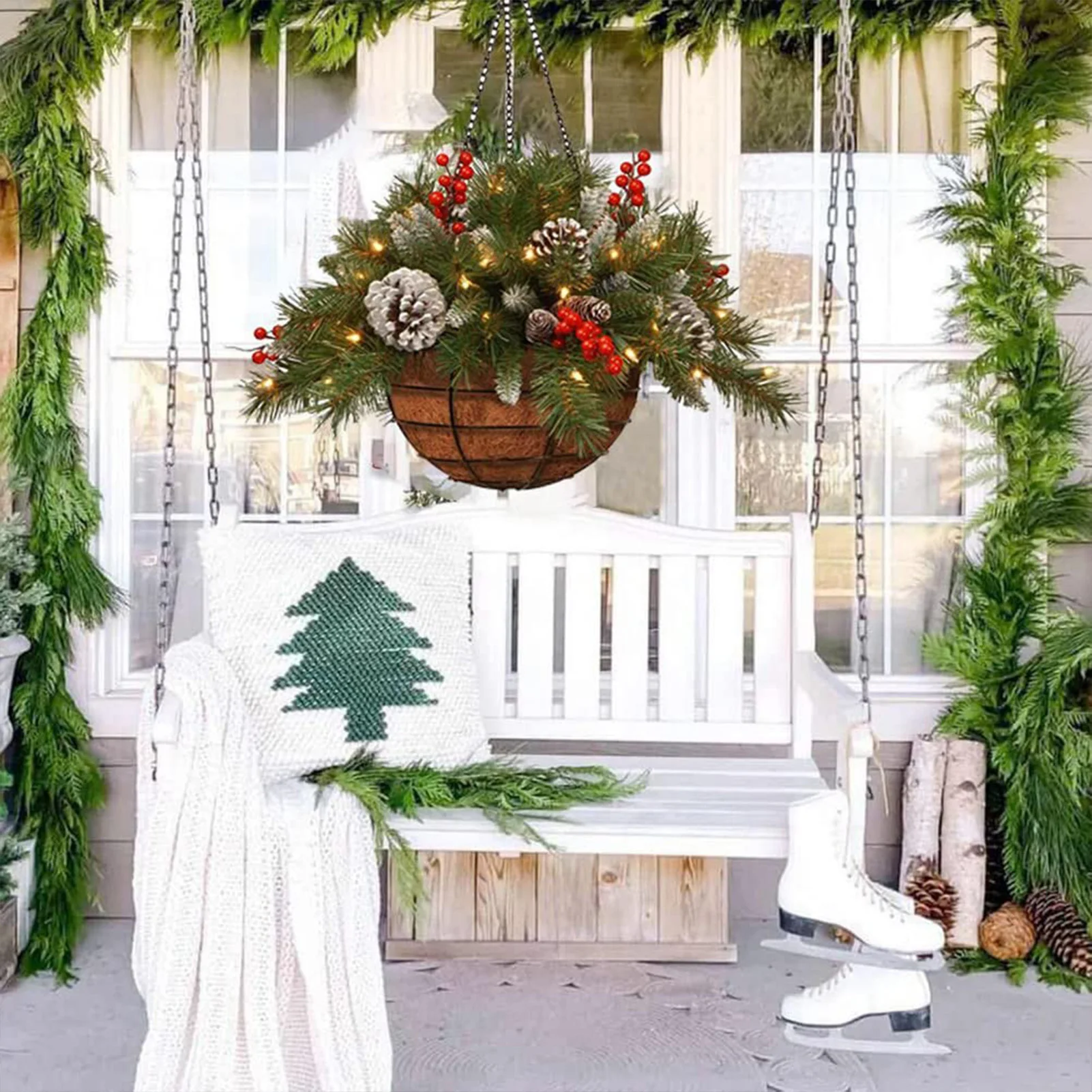 Christmas Hanging Flower Basket with Mixed Decorations with Lights Garlands for Porch Front Door Home