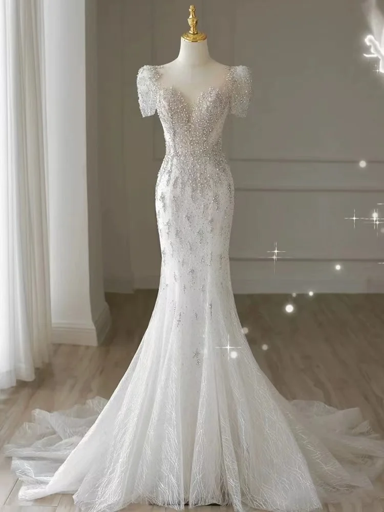 Boho Luxus Frauen Brautkleider Kleider formelle Kurzarm Meerjungfrau Wischen Prinzessin Brautkleider Vestidos de Novia Casamento