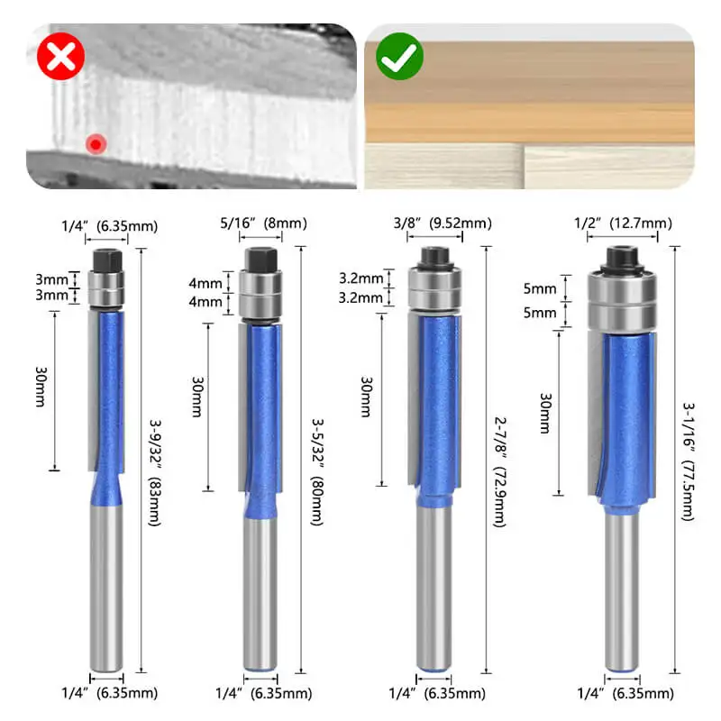 6.35mm 1/4inch Shank High-Quality Milling Cutter Flush Trim With Bearing Router Bit Set For Woodworking