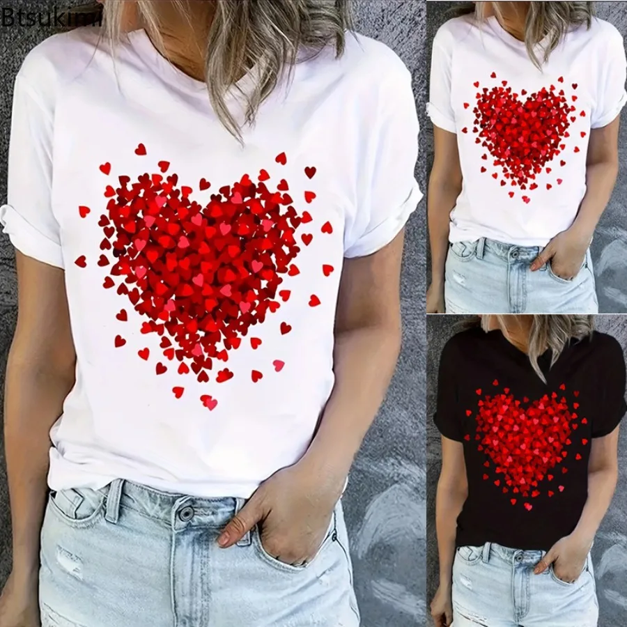 

2024Women's Summer Casual T-shirt Tops Red Heart Fashion 3D Printing Short Sleeve Loose Streetwear Round Neck Ladies Tees Shirts