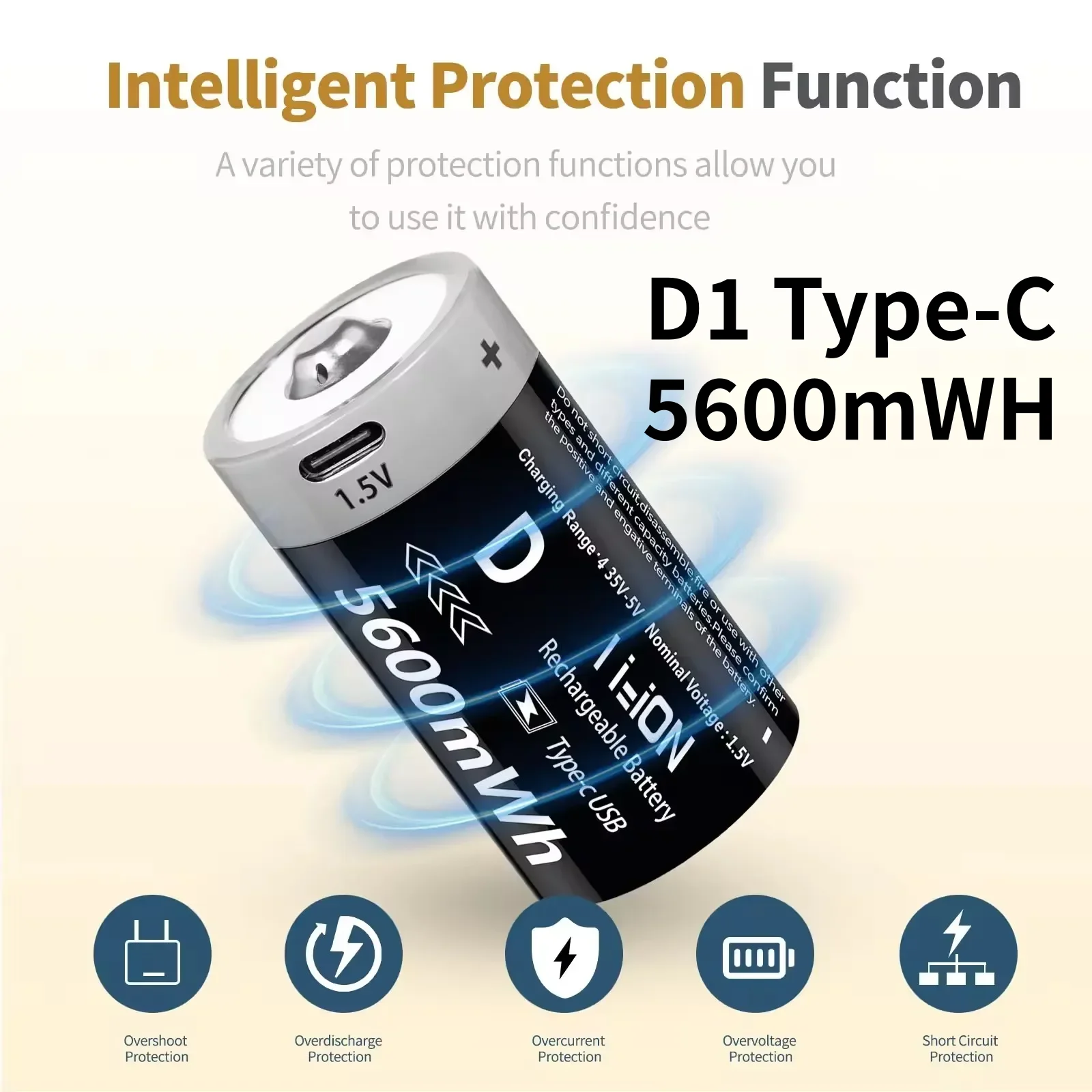 USB-перезаряжаемая литий-ионная батарея D-типа LR20 1.5В 5600мВтч для газовых плит, водонагревателей, фонариков, радиоприемников