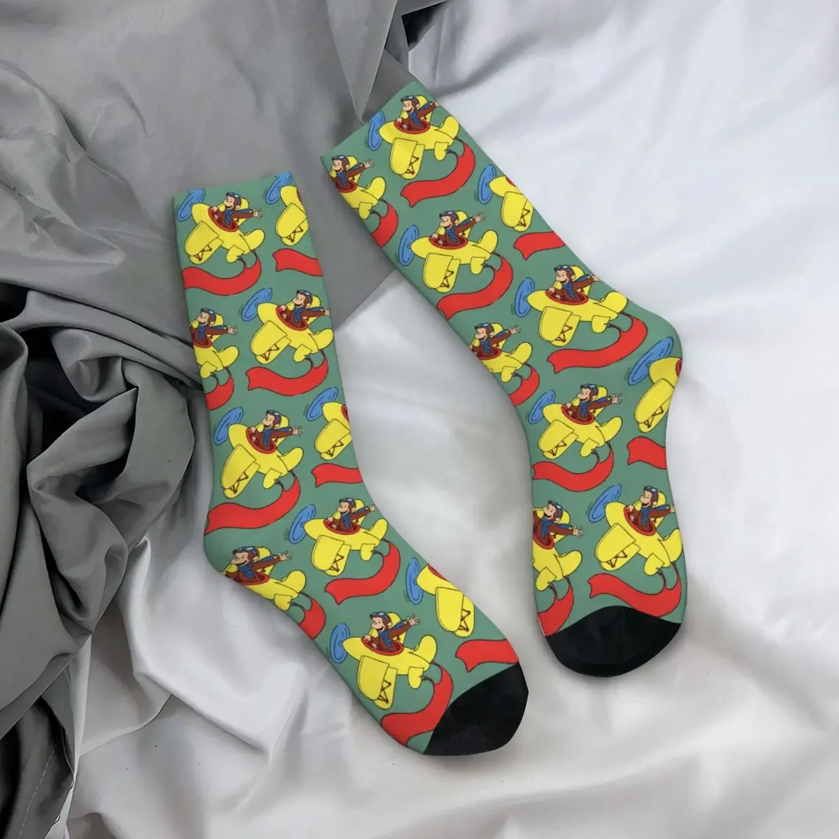 

All Seasons Crew Stockings Curious George In An Airplan Socks Funny Long Socks for Men Women Valentine's Day Gifts