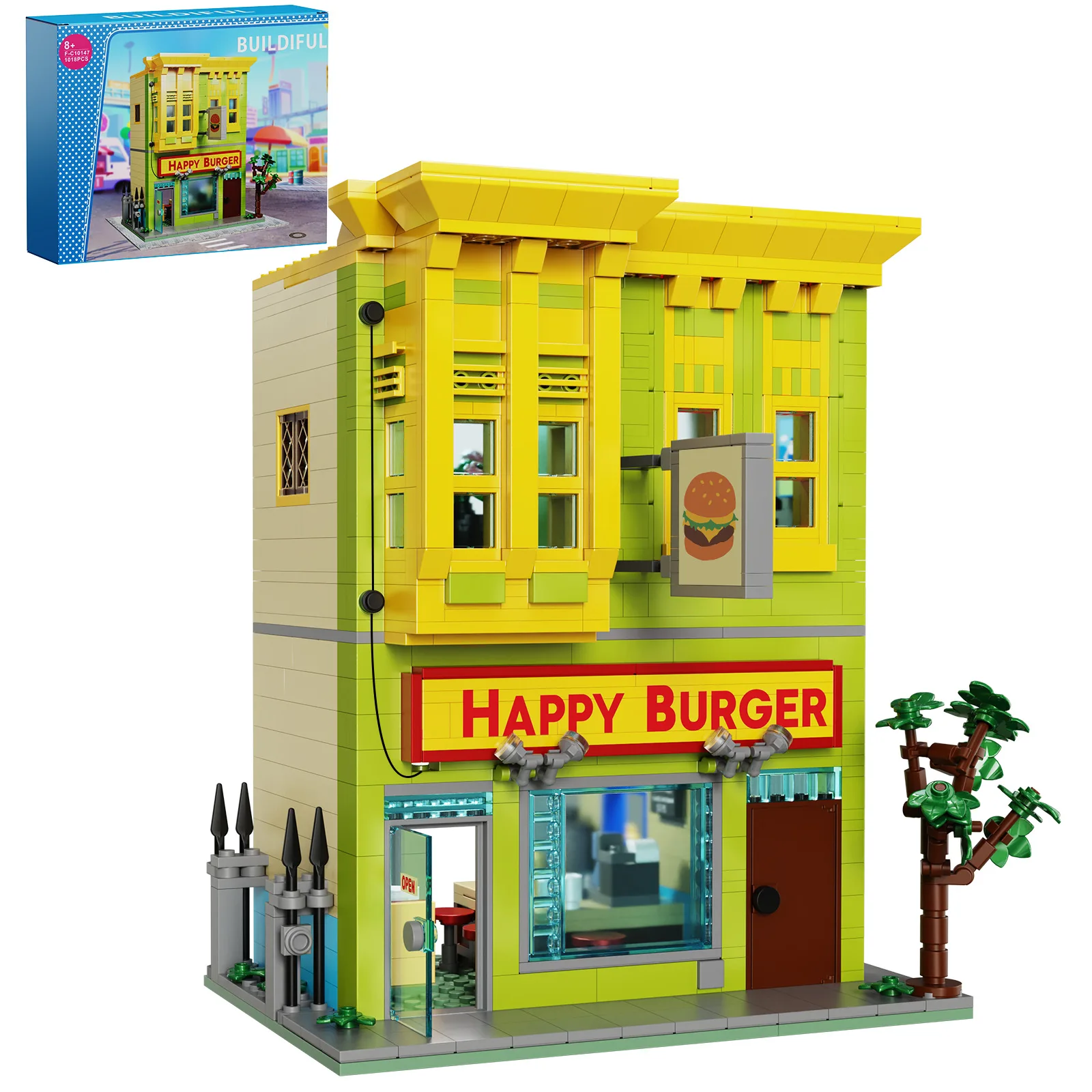 Moc animação vista de rua taverna restaurantes bloco de construção kit bob hambúrguer casa modelo diy crianças puzzle brinquedo presente aniversário 1018 pçs