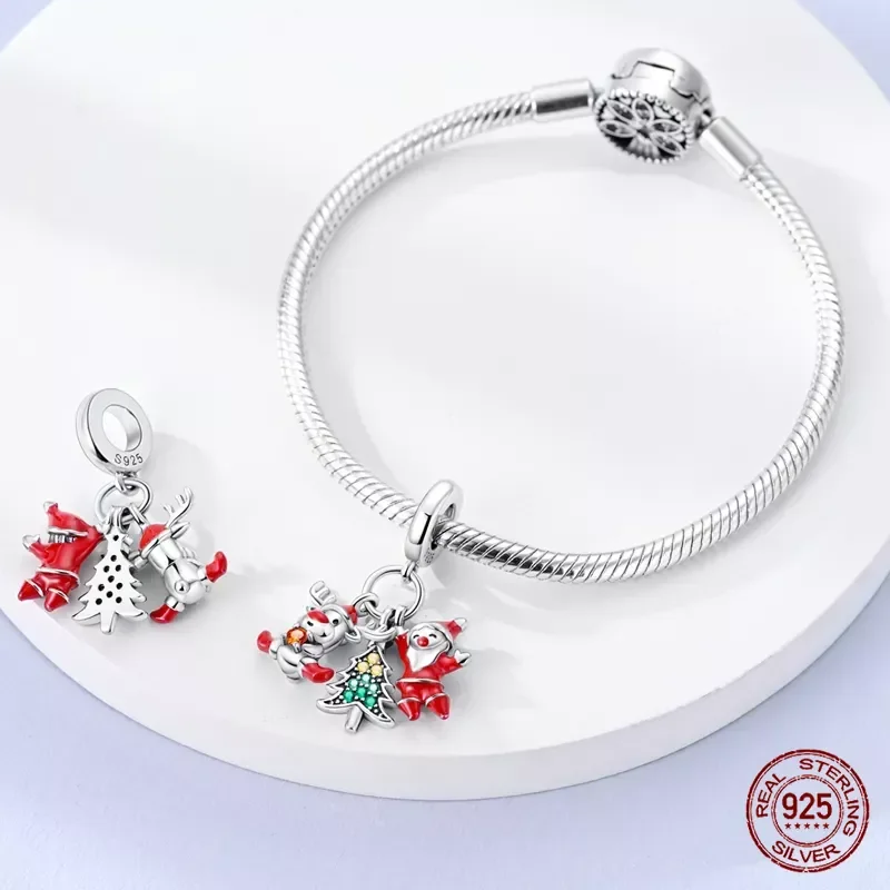 New 925 Sterling Silver Snowflake Christmas Tree Ski Boots Charms Beads Fit Pandora Original Bracelet Fine DIY Christmas Jewelry