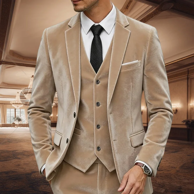 

Velvet Suit Three Pieces Set Gentleman Elegant Slim Fit Formal Tuxedo Groom Male Clothing Wear Dancing Party Business Casual