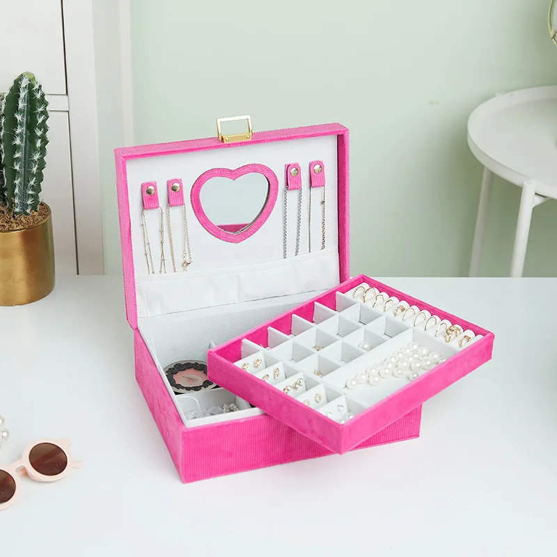 Elegant Large Capacity Multi-Layer Jewelry Box With Heart-Shaped Mirror Earring Stud Ring Storage Organizer Case For Women Girls