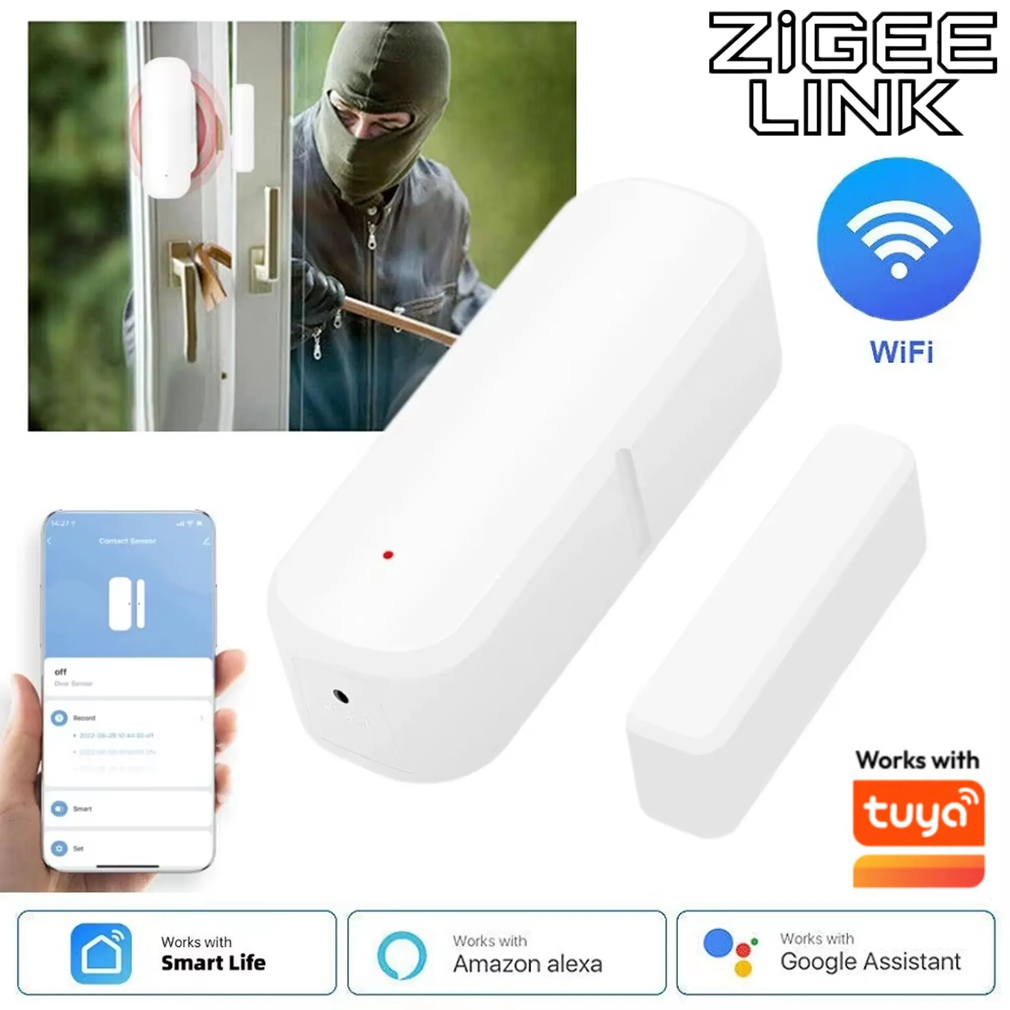 

Датчик открытия/закрытия двери/окна Tuya WiFi для умного дома, детектор с функцией оповещения через приложение Smart Life, совместим с Alexa и Google Home.