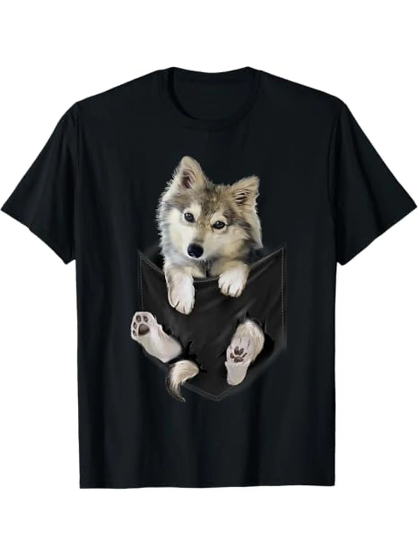 

nique Wolf Pup Pocket Design T-Shirt - Cotton Black | Casual All-Season Wear | Perfect Gift for Men Women and Teens