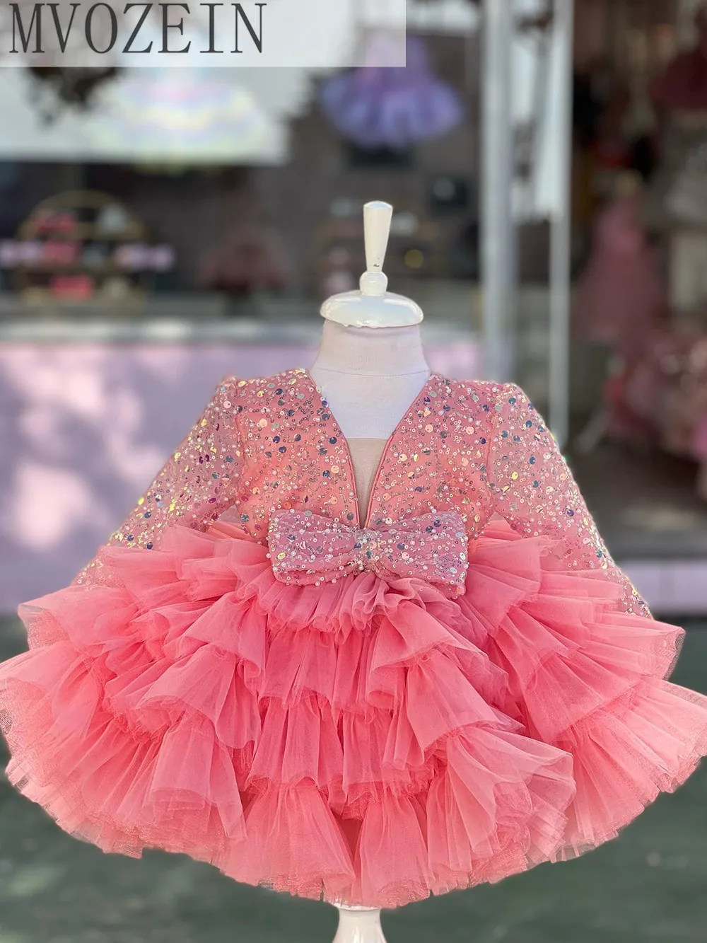 Vestido de flores con lentejuelas hinchadas para niña, cuello en V, mangas largas de tul hasta la rodilla, capas con lazo, vestidos de fiesta de princesa para bebé