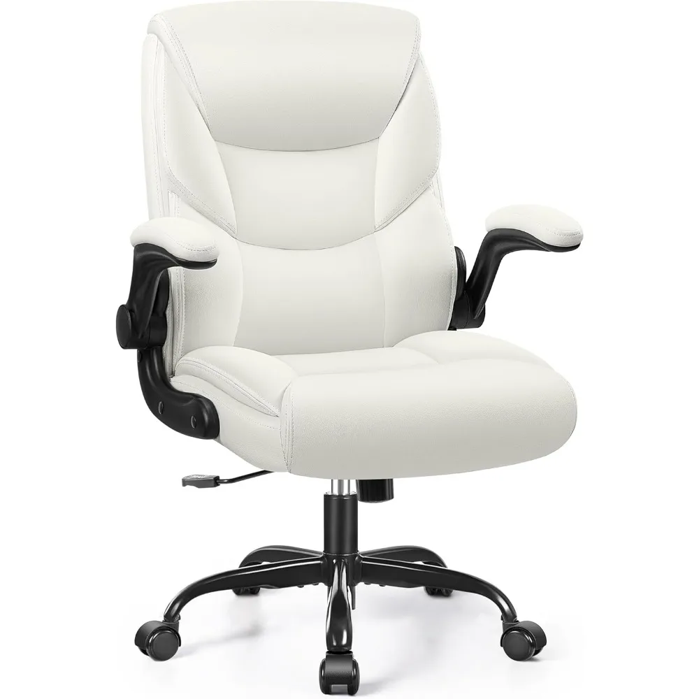 

Leather Office Chair, Small PU Ergonomic Desk Chair, Comfy Computer Chair with Wheels and Flip-up Armrests, Adjustable