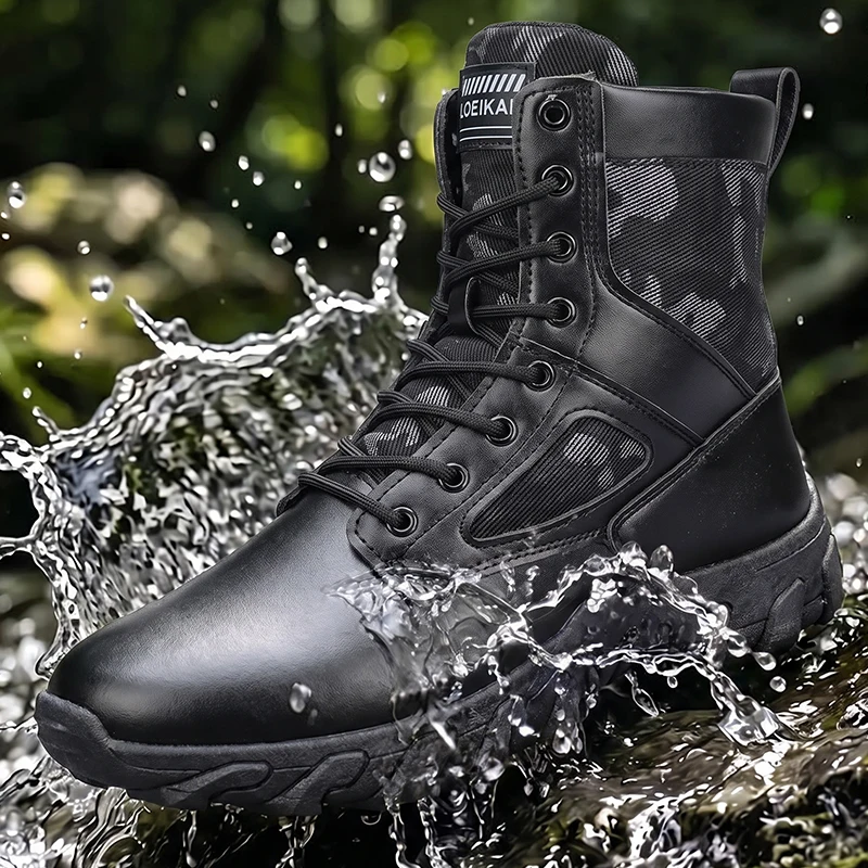 Men High‑top Casual Boots, Lace‑up PU Fabric Splicing Rugged Non‑slip Thick Sole Shoes For Daily Street Walking All Season
