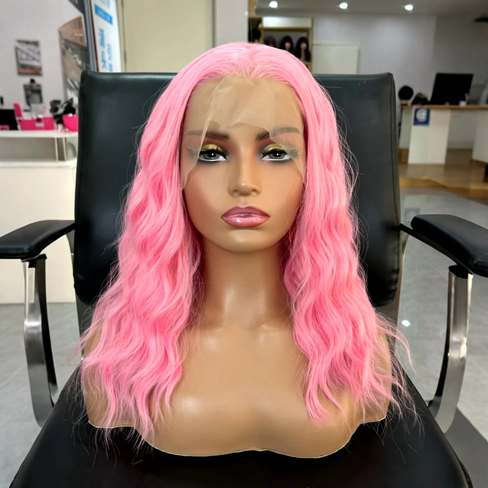 Short Curly Wavy Pastel Pink Wigs for Women Synthetic Free Part Shoulder Length Pink Bob 13X4 Lace Front Wigs for Women Party