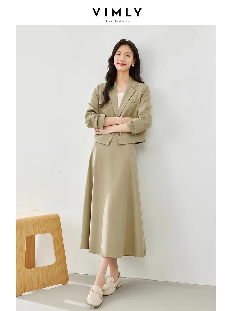 Vimly Spring Women\'s Suit Short Lapel Blazer Midi Skirt Office Lady Two Piece Set 2024 Elegant Matching Sets Clothing M5799