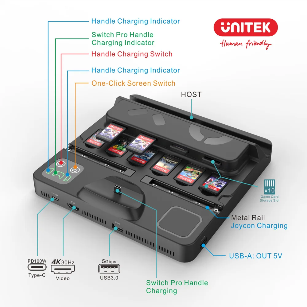 UNITEK Switch Docking Station with 10 Game Card Slots & Joycon Charger 4K@30Hz HDMI USB 3.0 Hub 100W PD for Nintendo Switch