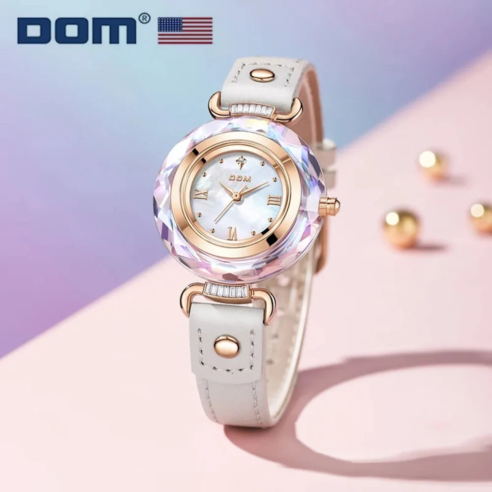 

DOM Quartz Watch Rose Crystal Fashion Women Watches Waterproof Pointer White Leather Wristwatches Ladies Watch Present 1613