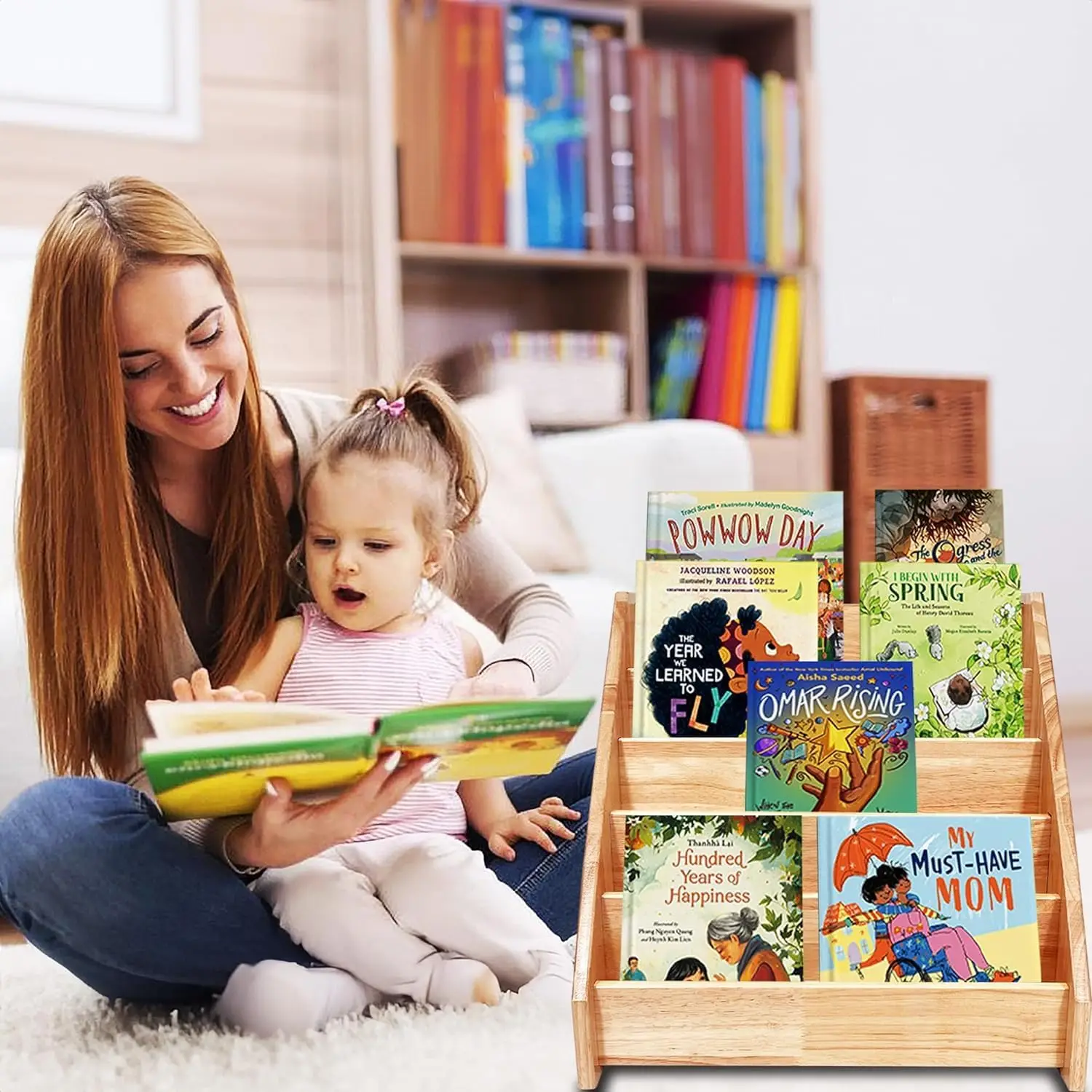 Kinderbücherregal, Bücherregal für Kinderzimmer, aus Holz, kleines 5-stöckiges Kinderbücherregal, in Naturholzoptik. – Detail 2