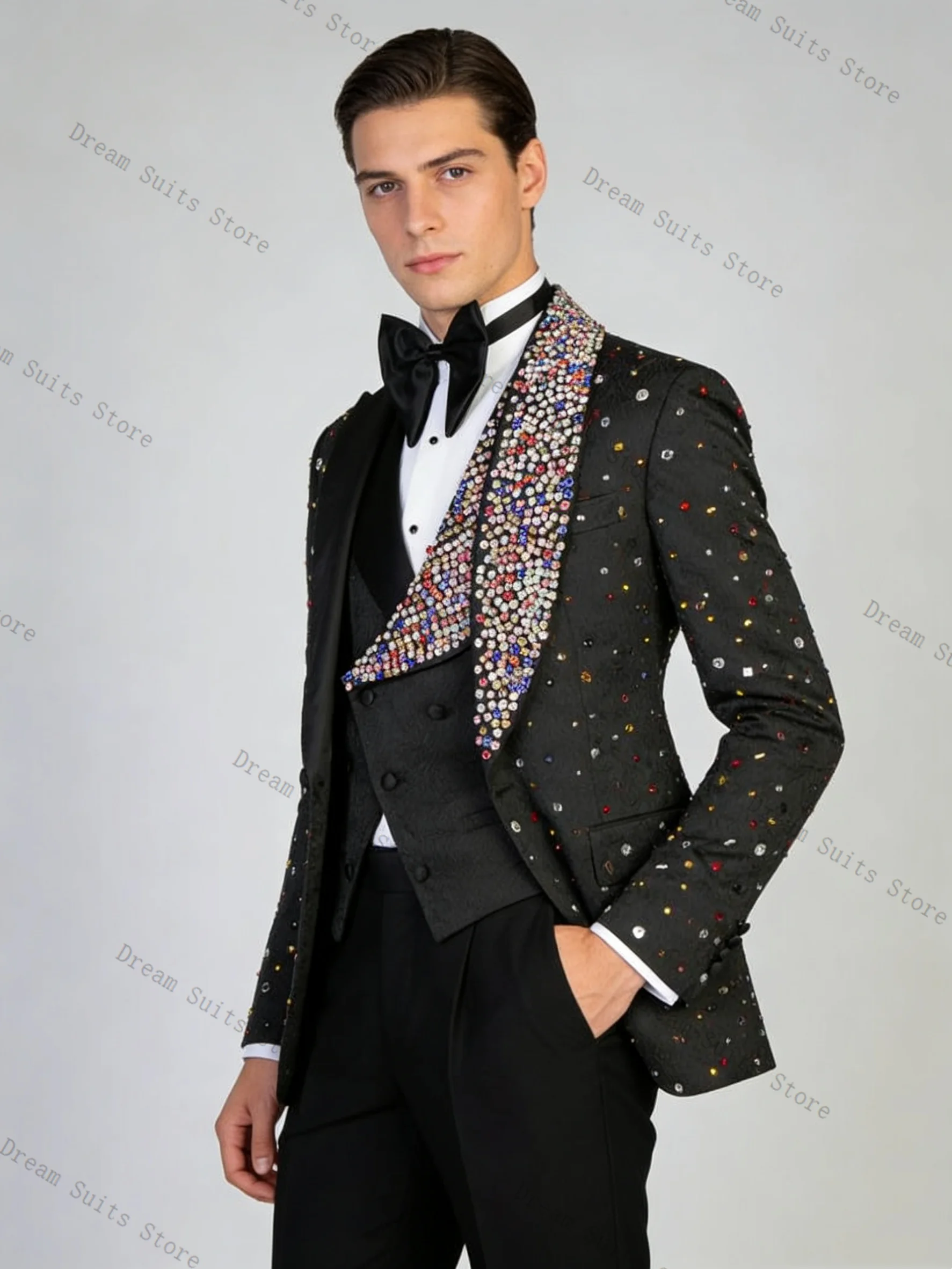 

Colorful Crystals Black Men Suit Set 2 Pcs Blazer+Pants Trousers Customized Formal Office Jacket Wedding Tuxedos Prom Coat