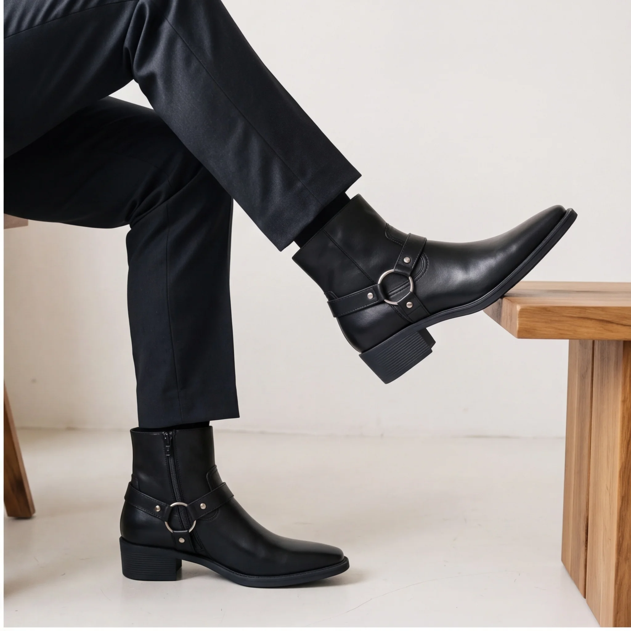 Chelsea Boots For Man Black Harness Buckle Ankle Boots Side Zip Mens Boots Pointed Toe Block Heel