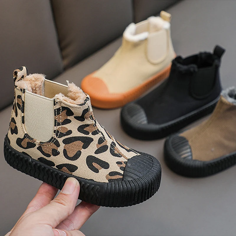 Children High-top Canvas Shoes Baby Cute Cookies Boots Girls Fashion Leopard Print Short Boots Boys Warm Army Green Cotton Shoes