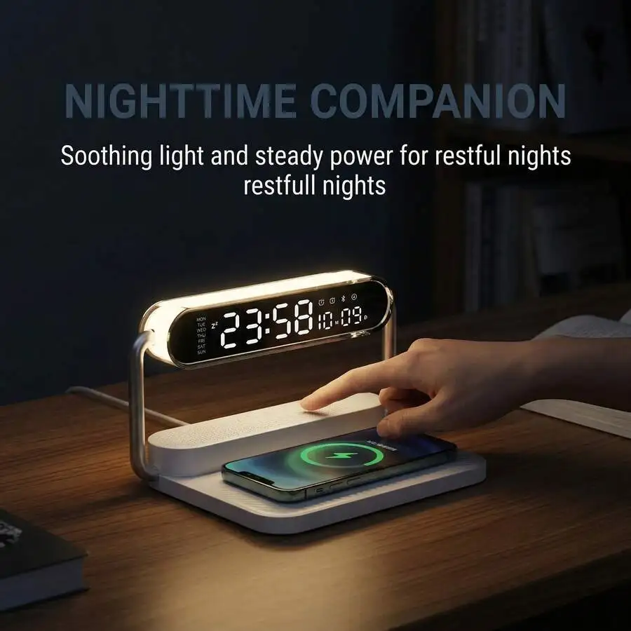 

4-In-1 Foldable Wireless Charger With Alarm Clock Speaker RGB Night Light Qi Certified 15W Fast Charging Station For iPhone