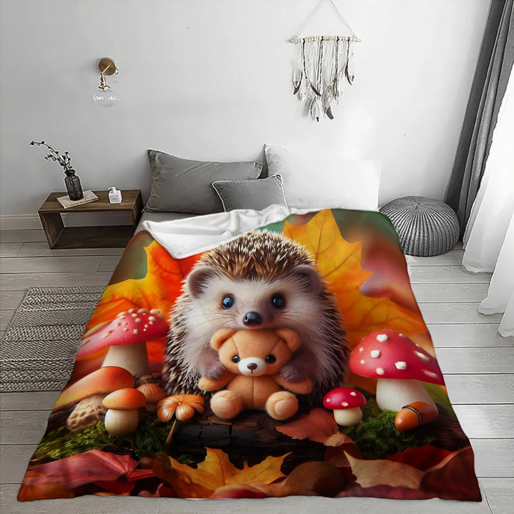 Cute Hedgehog with Teddy Bear, Autumn Gift, Soft Blanket, Mushroom And Leaf Design, Home Decor, Cozy Multi-Purpose Throw