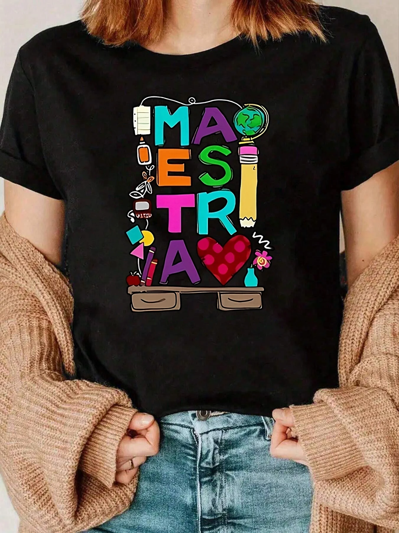 Teacher Love Print T-Shirt für Teacher Appreciation Day Freizeitkleidung für Frauen 220g