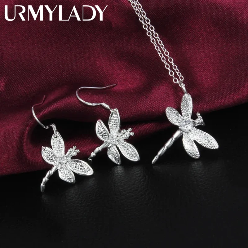 Fashion Party wedding Jewelry set 925 Sterling Silver Crystal dragonfly pendant necklace earrings for Women fine Christmas gifts