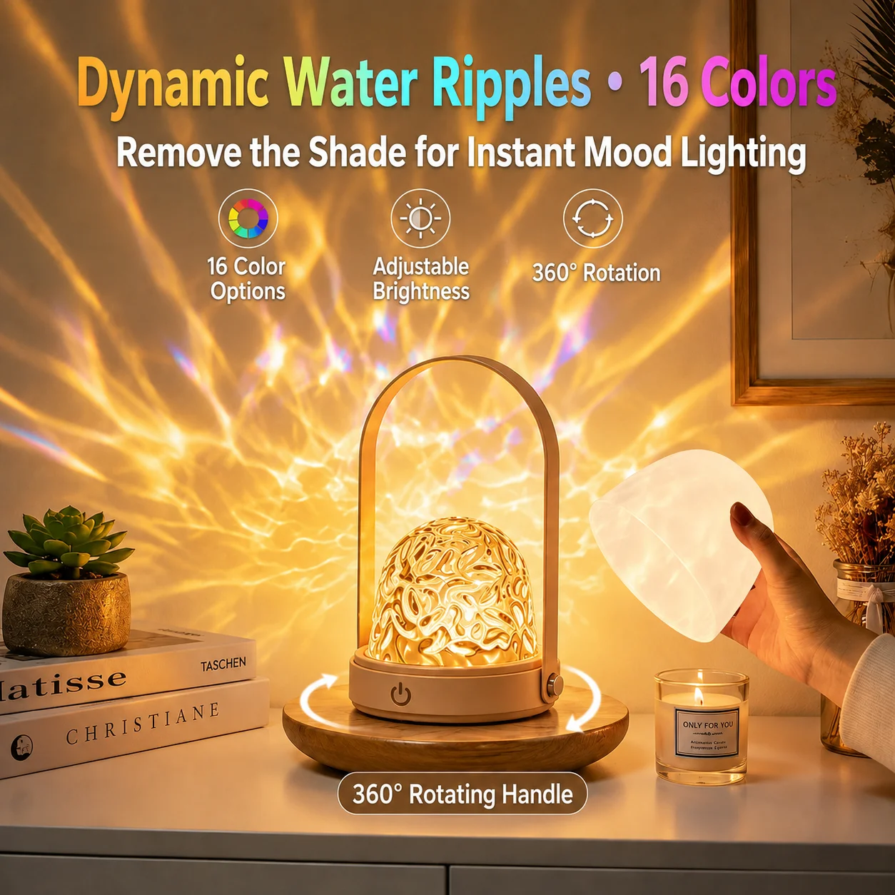 16-Color Rotating Water Ripple Lamp with Removable Shade, USB-C Rechargeable Portable Night Light for Bedroom and Camping
