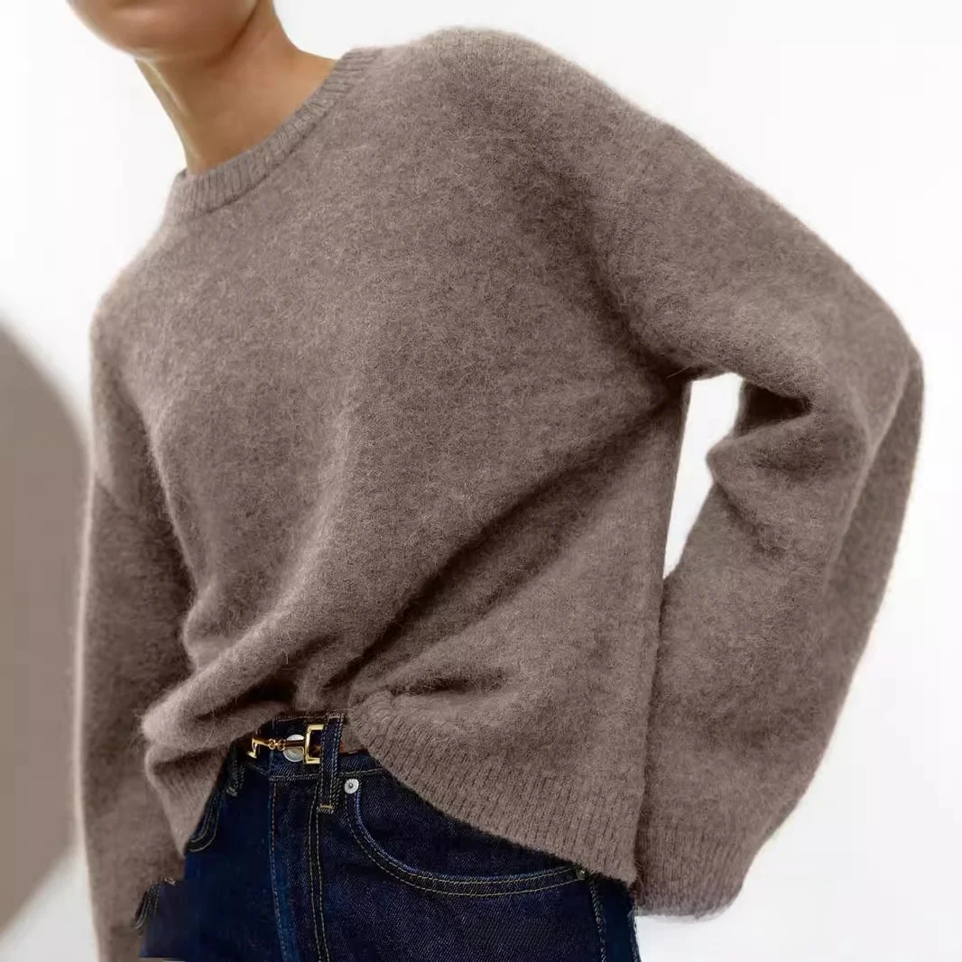 

Свободный утепленный вязаный свитер с круглым вырезом для женщин, модный осенне-зимний, цветной, с длинными рукавами, комфортный крой