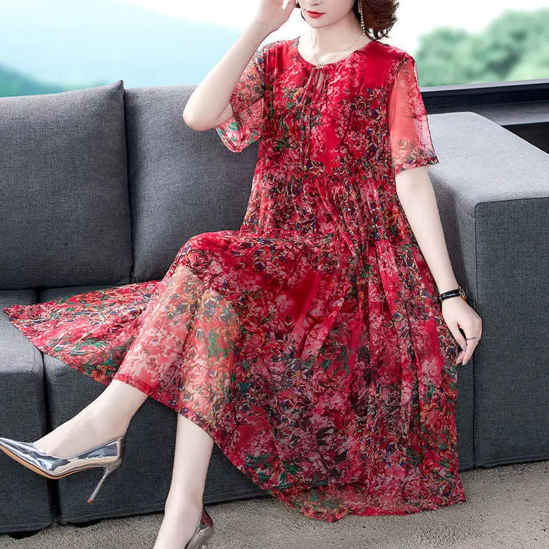 

2023 New Summer Korean Floral Net Yarn O-neck Short Sleeve Floral Long Dress Women Clothes Fashion Printing Dresses Ladies