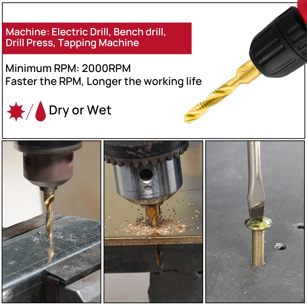 FOCSTOL 13pcs Tap Drill Bit Set Hex Shank HSS Composite Tap Drilling Tapping Chamfering Countersinking Iron Aluminum Copper