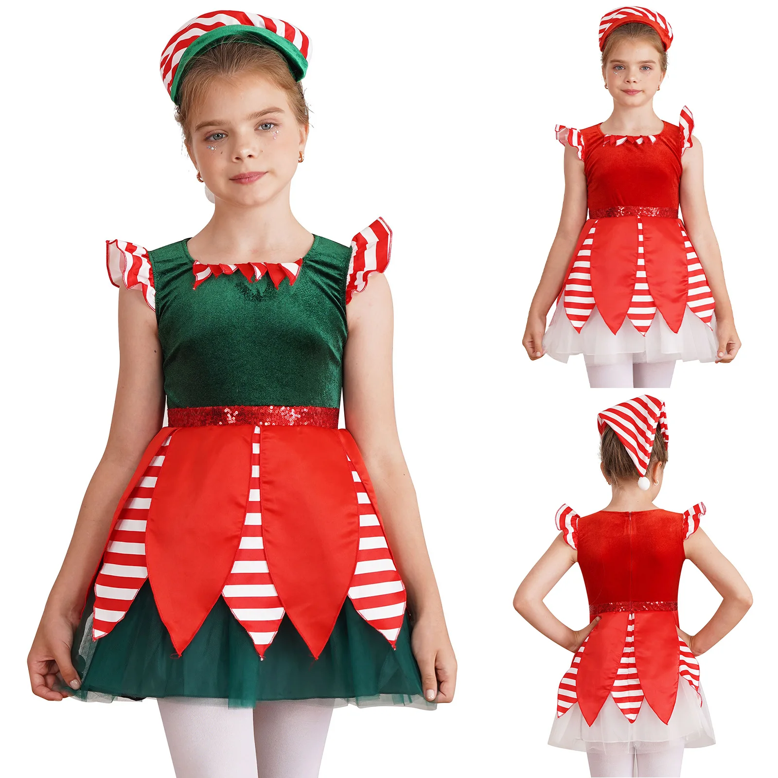 Vestito da tutù in rete con stampa a righe e paillettes per bambina con cappello, girocollo, senza maniche, vestito da pattinaggio su ghiaccio, costume da ballo di Natale