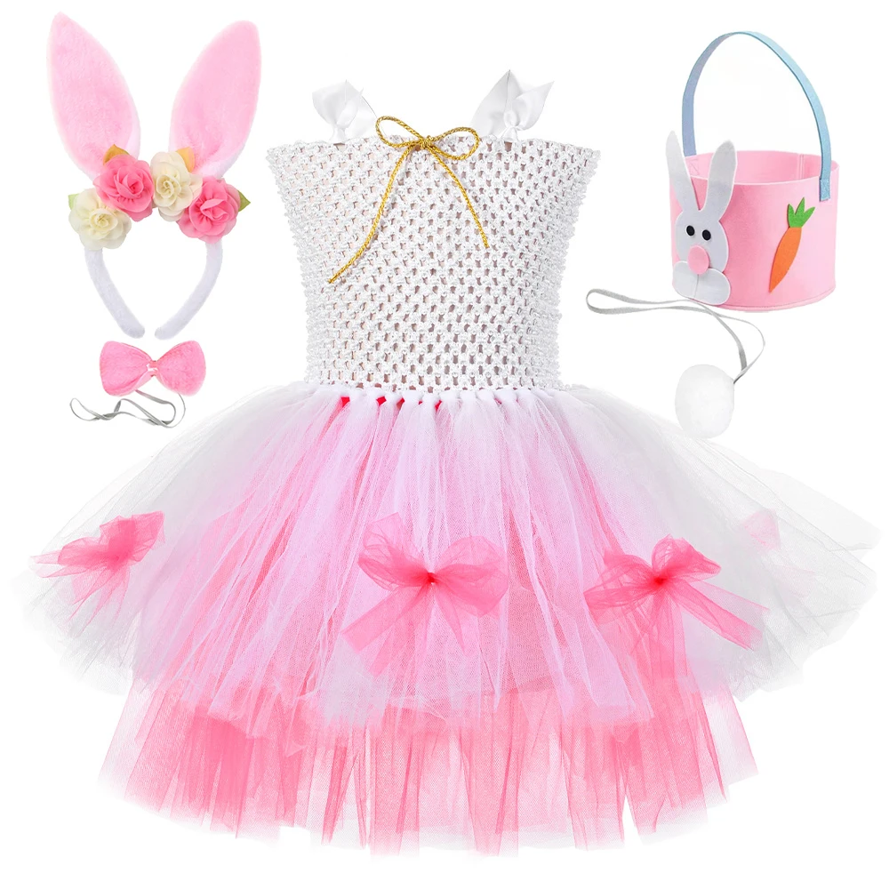 Easter Bunny Costume for Baby Girls White Pink Rabbit Ballet Tutu Dress with Flower Ears Tail Kids Animal Outfit Holiday Clothes
