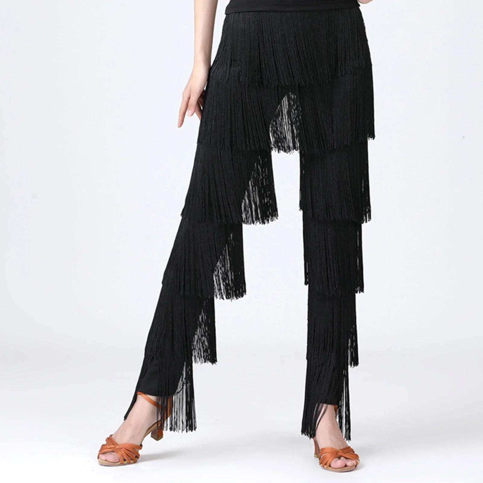 

Women Fringe Latin Dance Pants Cha Cha Tango Dancing Performance Costume Elastic Waistband Tiered Samba Fringe Tassel Trousers