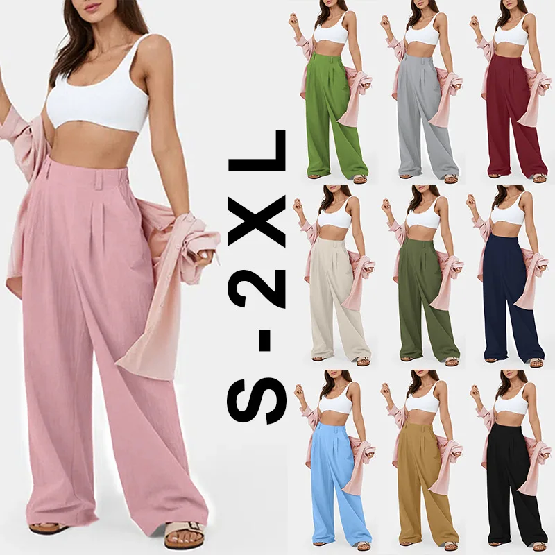 

Summer Women's Cotton Casual Trousers Cosy Thin Straight Pants Female Oversize Loose Elastic-Waist Solid Pocket Wide-leg Pants