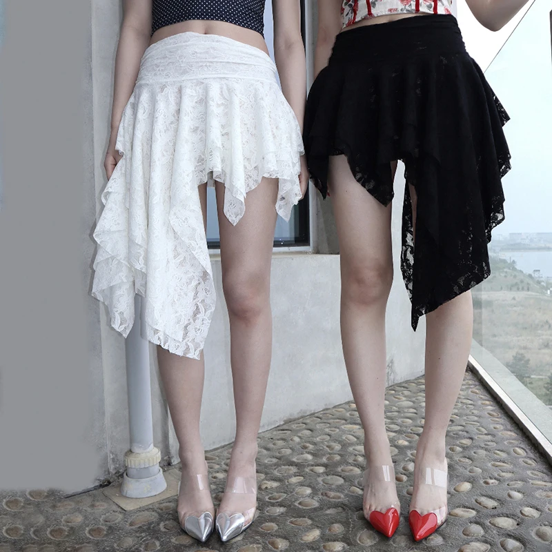 Rapcopter Y2K Lace Pleated Skirts Asymmetrical Vintage Lace Holiday Skirts Women Korean Grunge Aesthteic Skirts Fashion Clothes