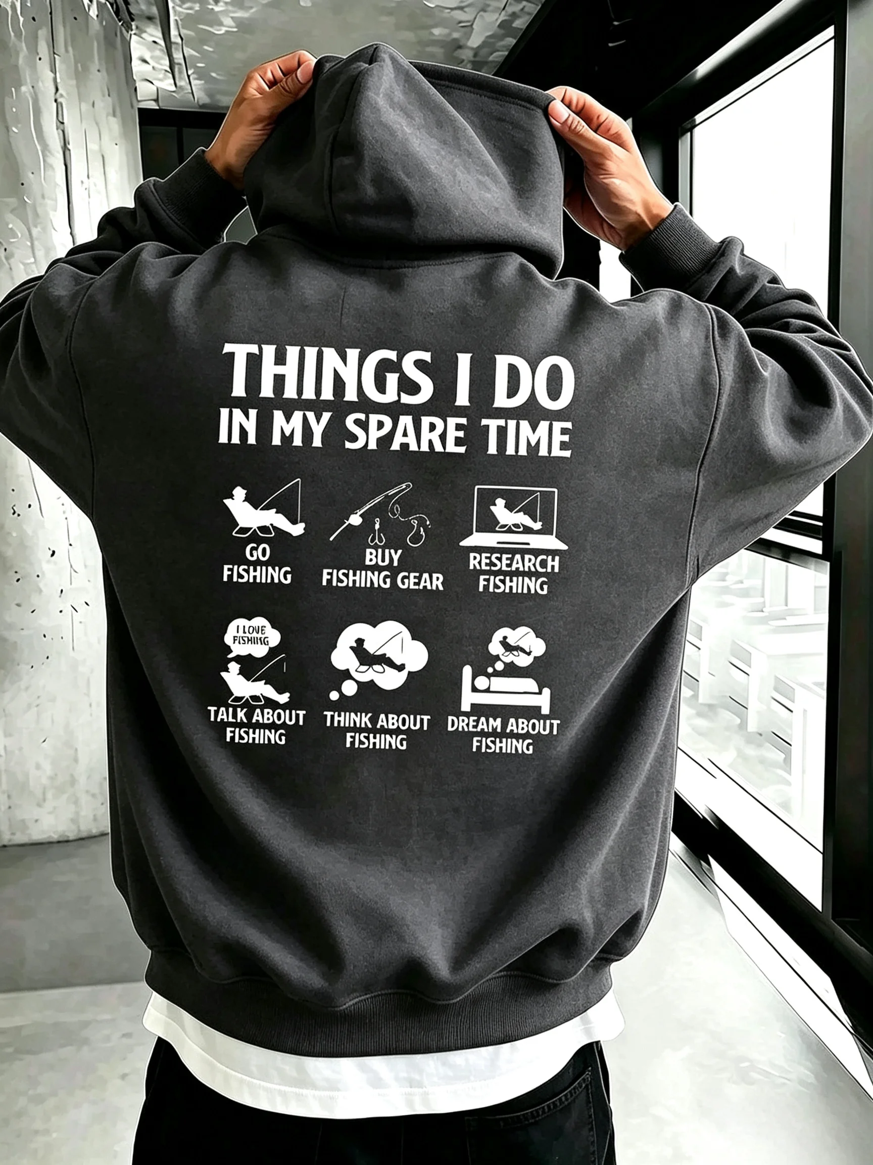 2026 New Unisex Oversized Hoodie Things I Do In My Spare Time Fishing Back Print Streetwear Autumn Winter Pullover Sweatshirt