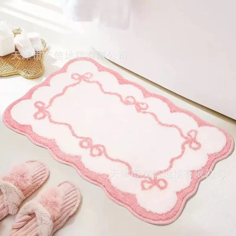 VIKAMA Adorable Blush White Ruffled Bowtie Border Shower Rug Water Wicking Powder Room Accent Special Favor Robust Soft Durable