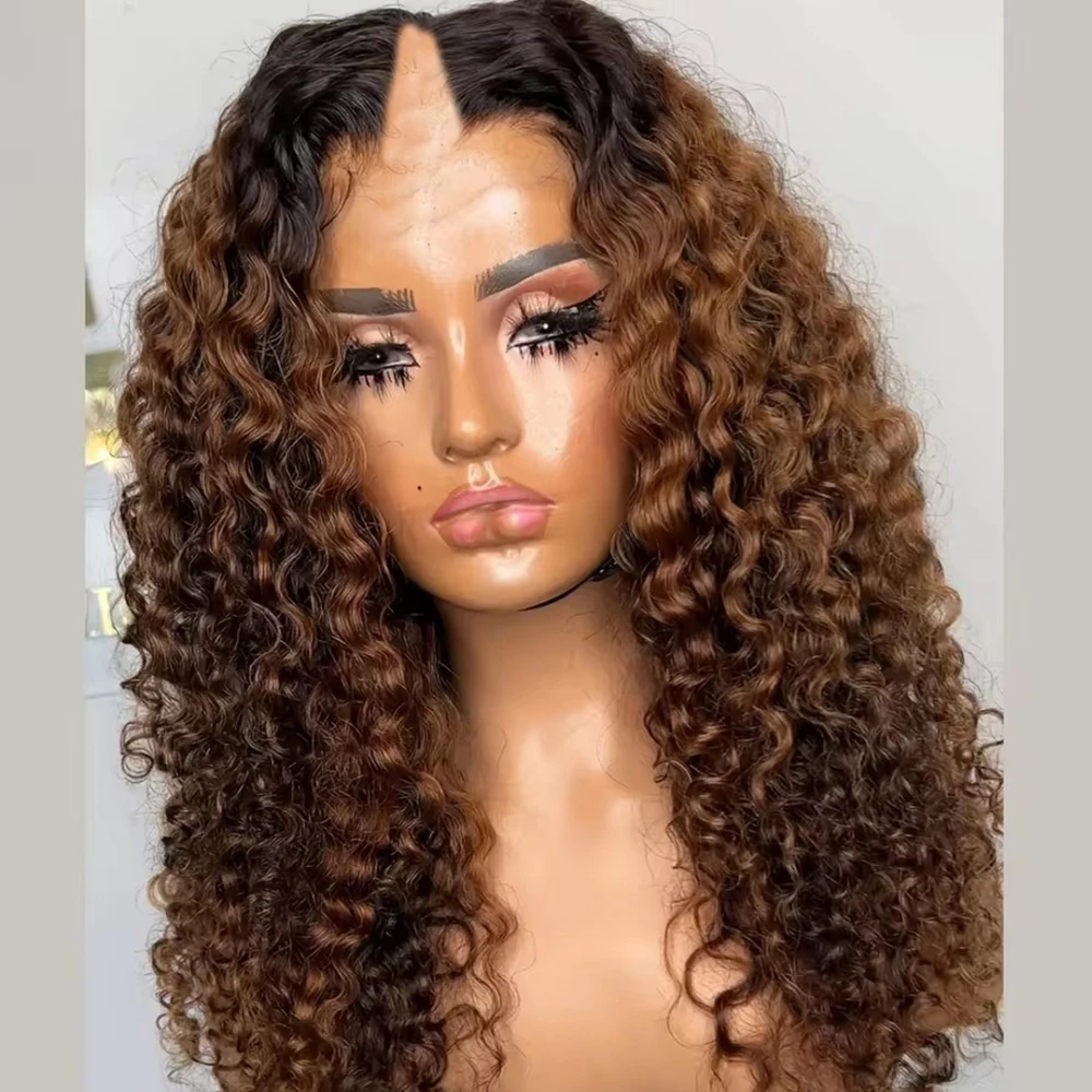 Deep Kinky Curly Ombre Caramel Brown V Part Wigs Human Hair Black Roots Water Wave U Shape Wigs with Clips&Combs for Women 250%