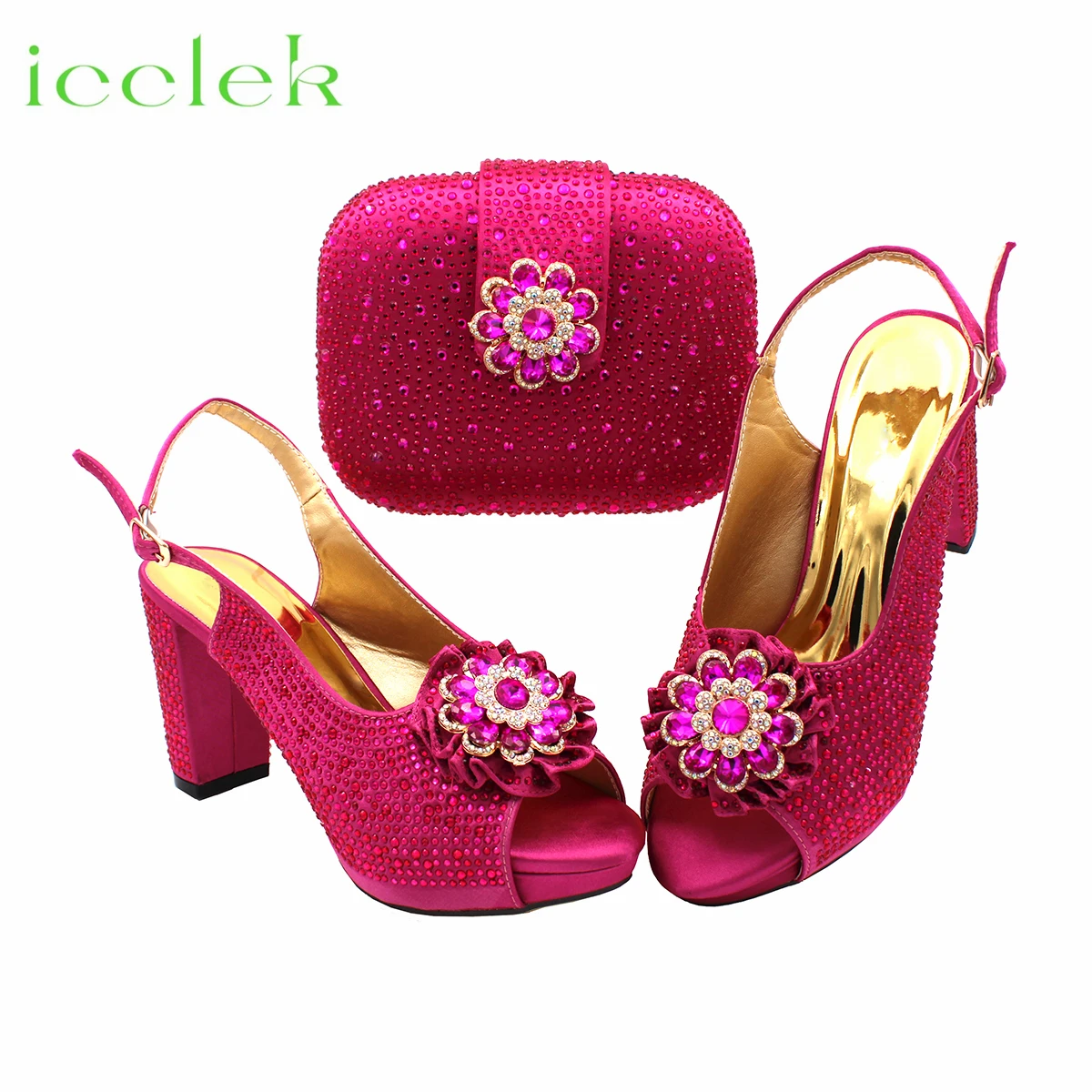 2024 baru nyaman Super Heels wanita Rhinestones desain sepatu wanita dan tas Set dalam warna Magenta untuk pernikahan